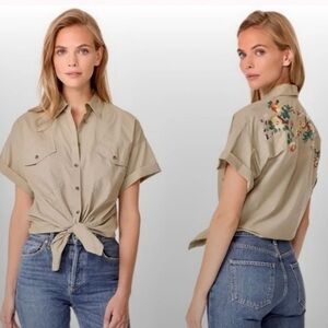 Madewell Embroidered Tie-Front Safari Shirt short sleeve button up Women XS Tan